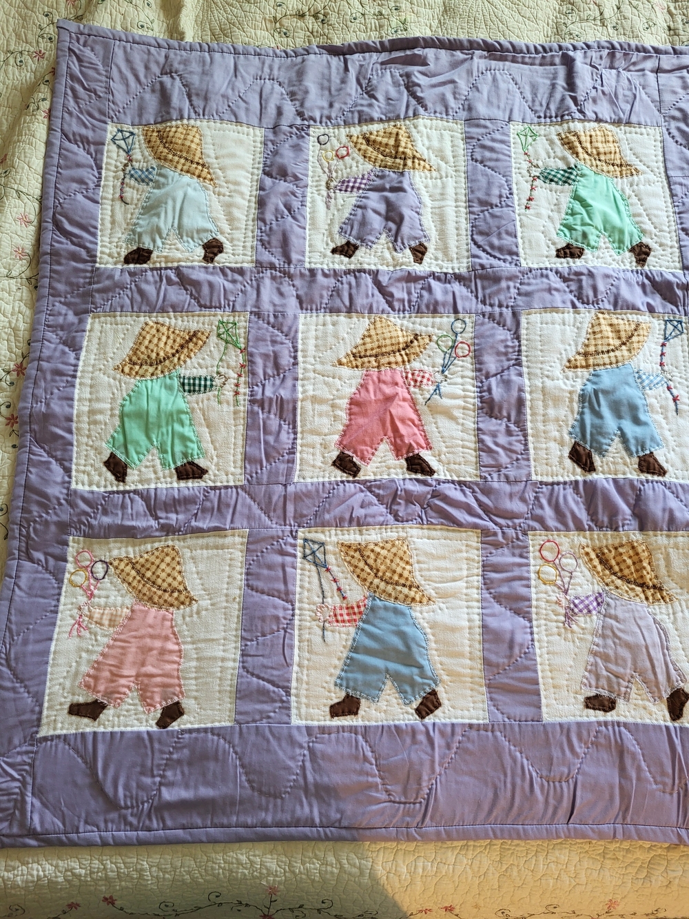 1980s Overall Sam Applique/Embroidery Hand-quilted Baby Quilt